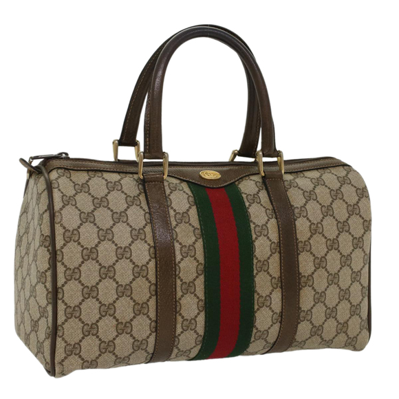 GUCCI GG Canvas Web Sherry Line Boston Bag PVC Leather Beige Green Auth ki3376 - Picture 1 of 16